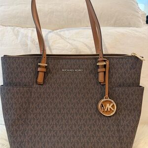 Michael Kors Brown Monogram Tote with Leather Trim
